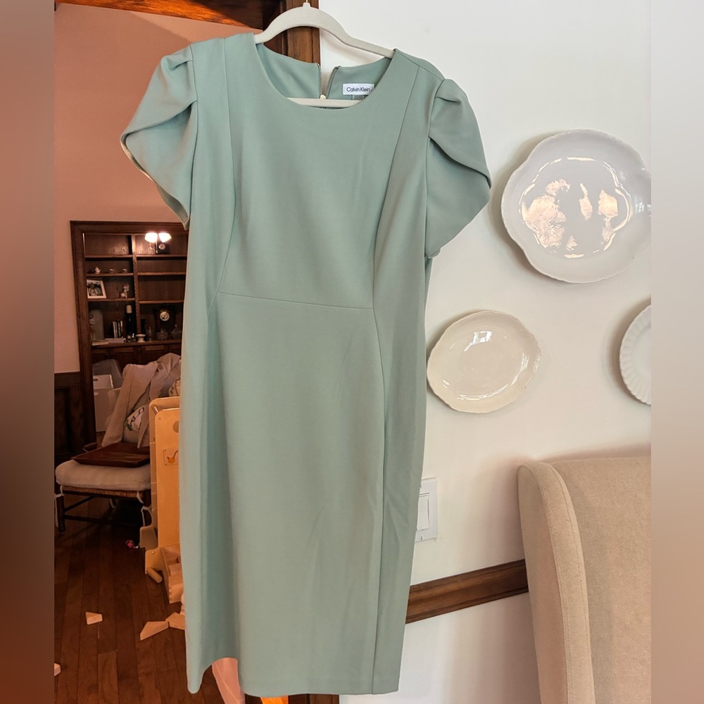 Calvin Klein Green Sheath Midi Dress for Wedding Guest